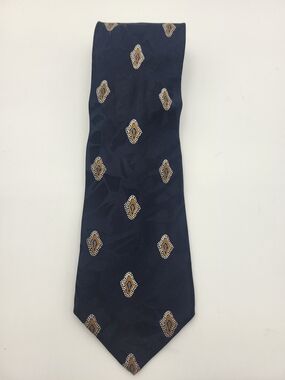 Navy Silk Tie with Bronze, white And Blue Medallion Motif And Pattern Under